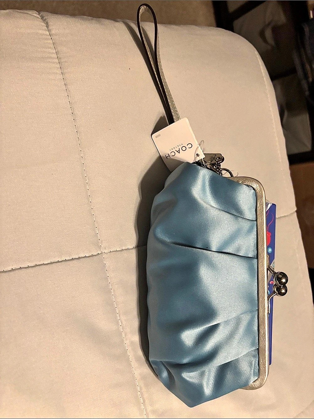 Coach Light Blue Satin Metallic Silver Leather Kisslock Clutch Wristlet Kisslock